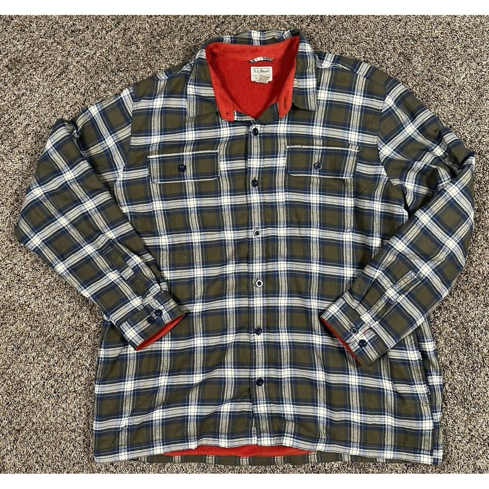 LL Bean Flannel Shirt Jacket Mens Sz 2XL Shacket Green Plaid Fleece Lined 298189
